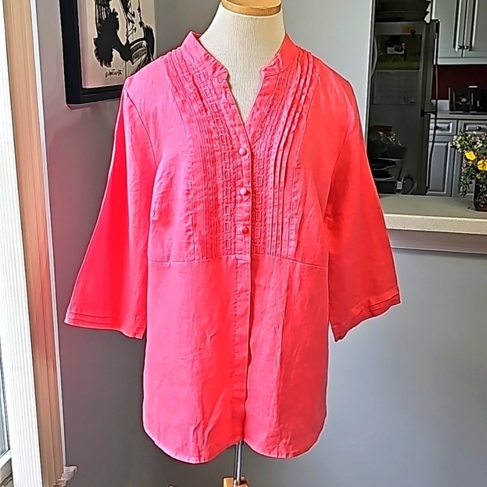 Cambridge Dry Goods women's 100% linen pink blouse. Size‎ 2X. Button down.